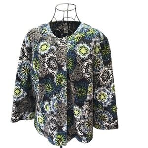CHICO' S Jacket Lined Floral Blue Green Black With Bead Accents Size 2